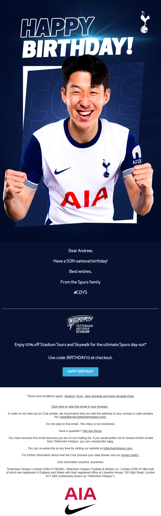 Tottenham Hotspur Birthday Email Thumbnail Preview