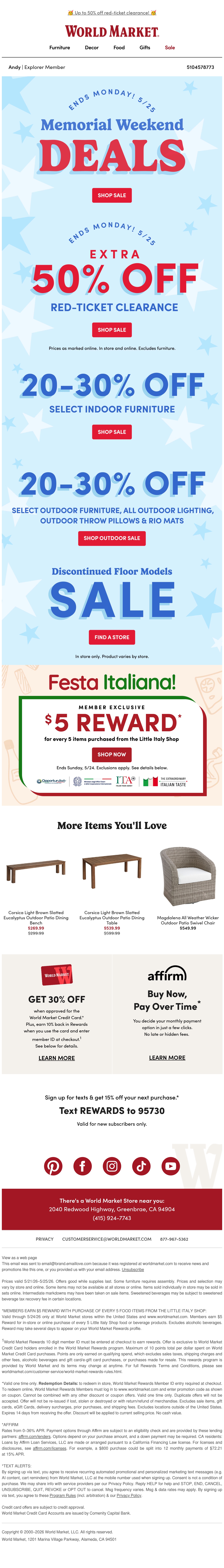 World Market email: STARTS NOW: Memorial Day Sale ❤️🤍💙